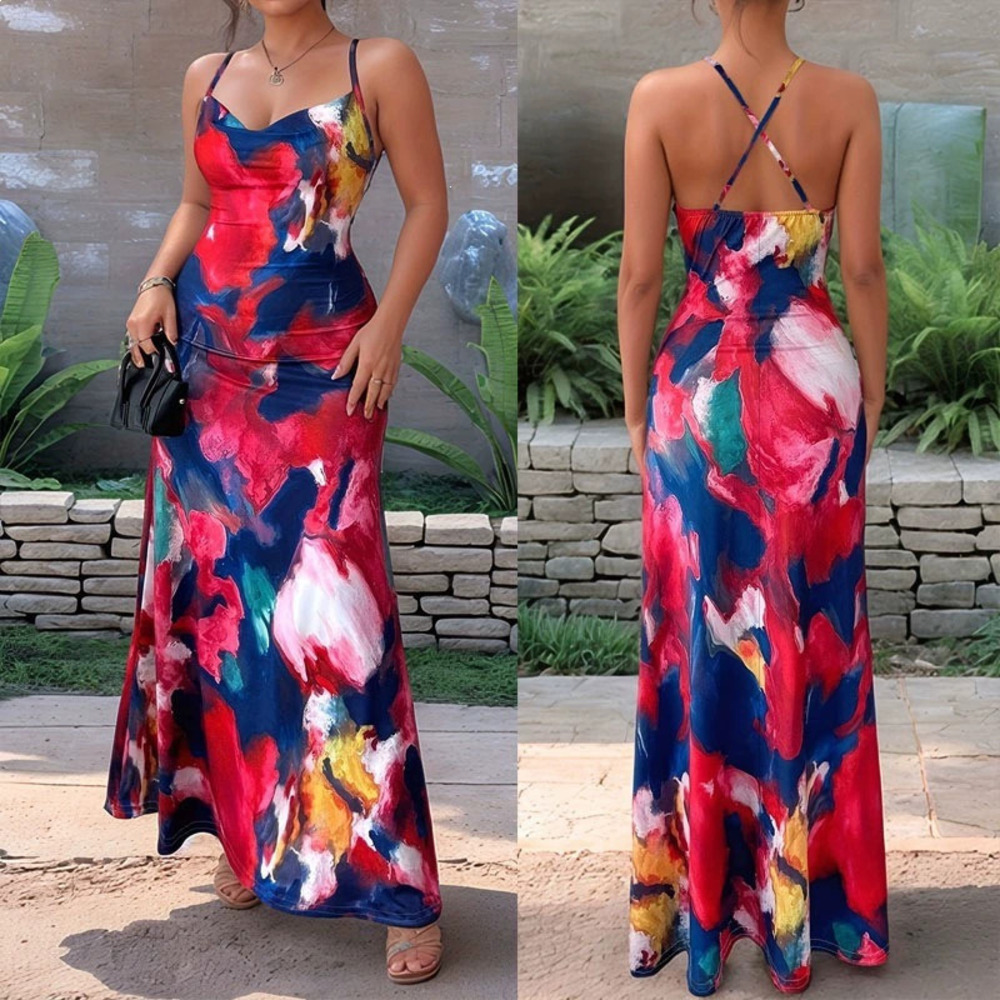 ZARA Sexy Summer Printed Backless Cross Strap Cami Dress